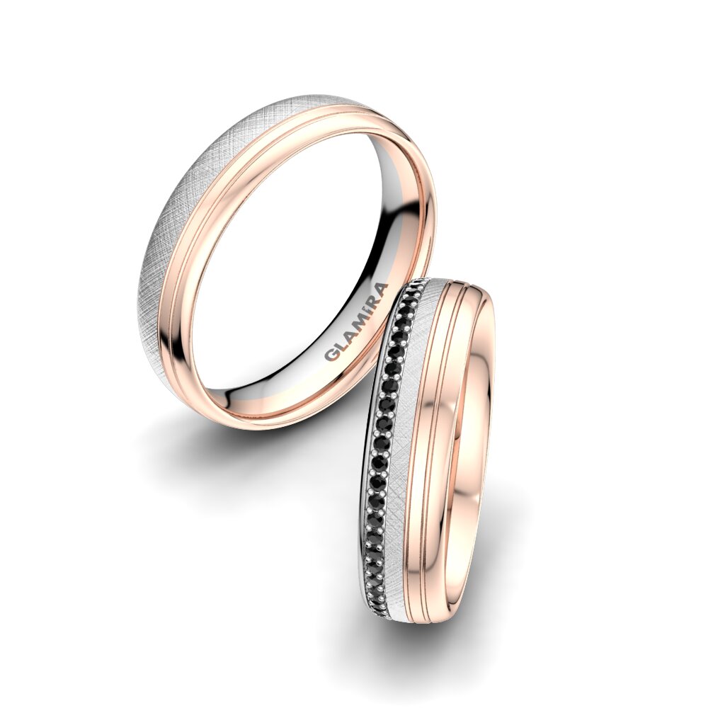 14k Oro Blanco & Rosa Ónix Negro Anillo de boda Adore Line 5 mm