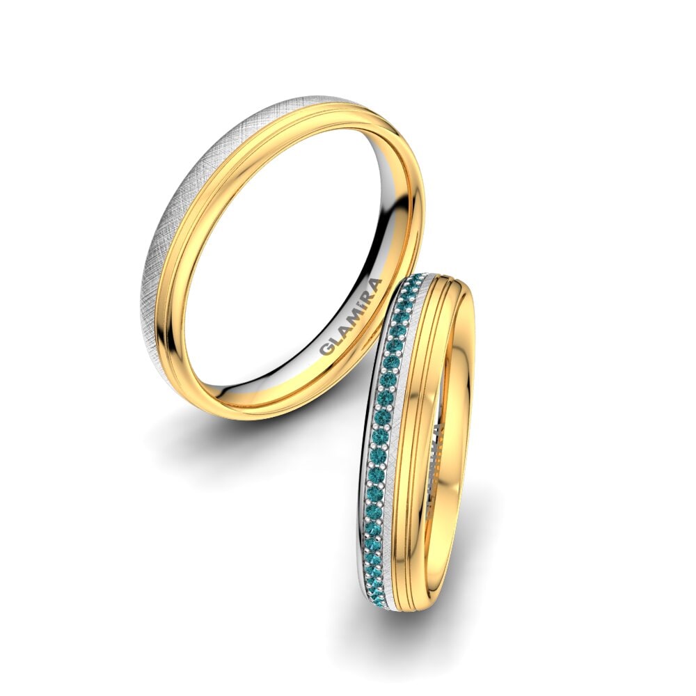 14k Oro Blanco & Amarillo Diamante Azul Anillo de boda Adore Line 4 mm