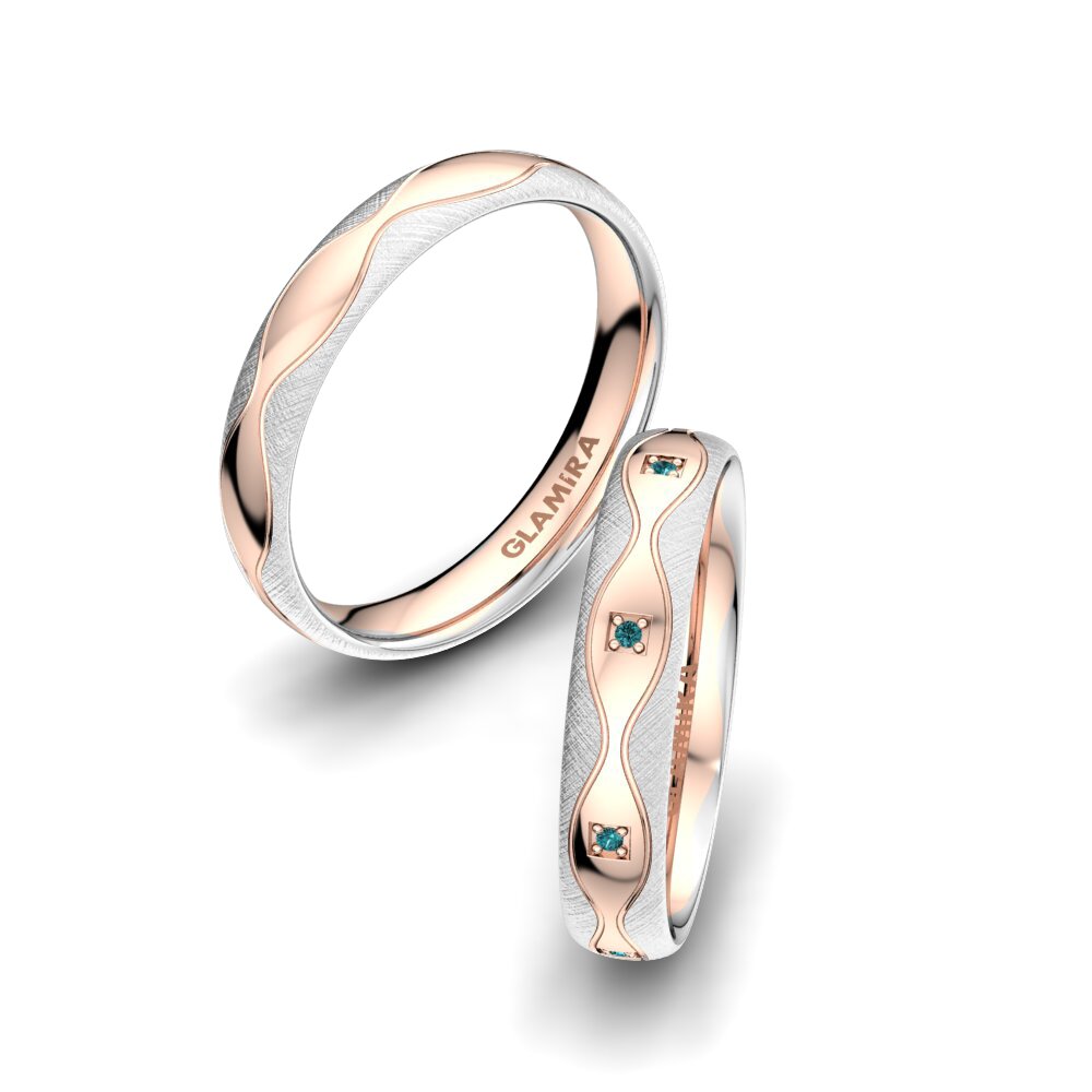 9k Oro Blanco & Rosa Diamante Azul Anillo de boda Alluring Flame 4 mm