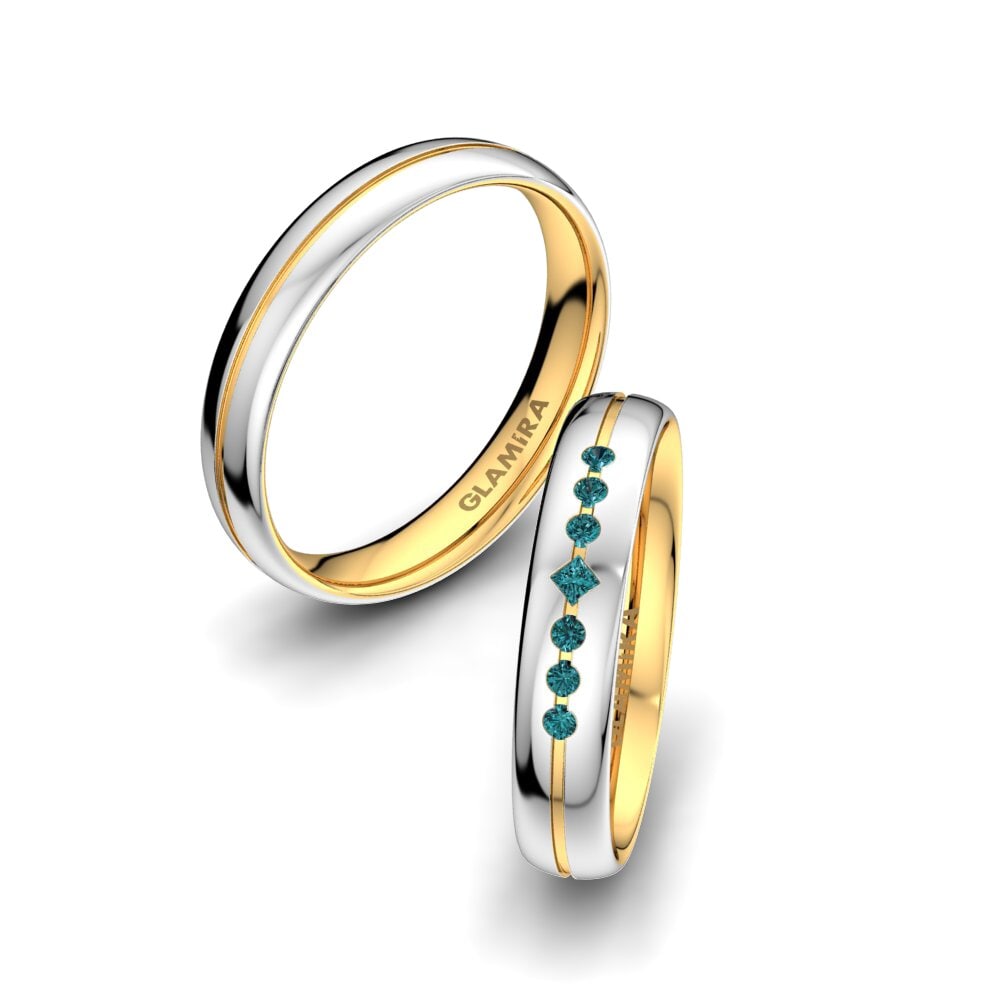 14ct White & Yellow Gold Blue Diamond Wedding Ring Authentic Line 4 mm