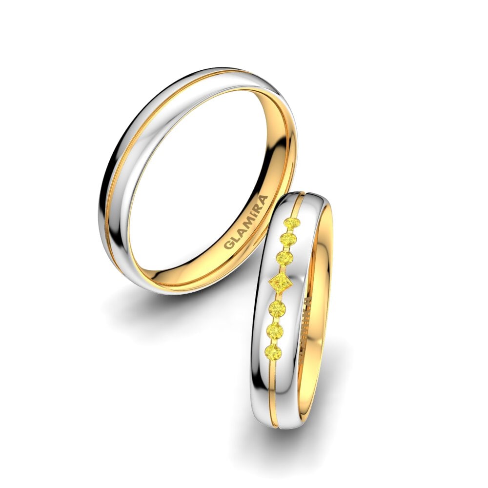 Ouro Amarelo Branco 14K Safira Amarela Anel de Casamento Authentic Line 4 mm