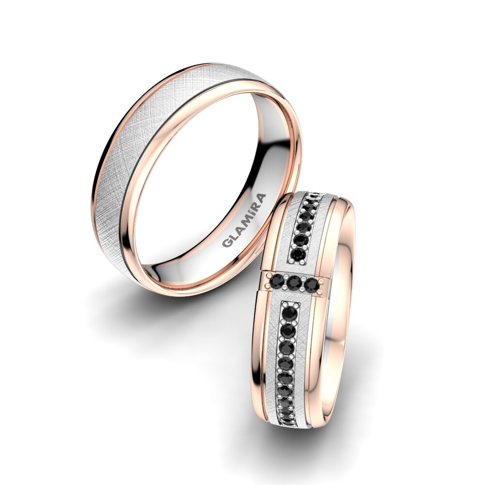 9k Oro Blanco & Rosa Ónix Negro Anillo de boda Bright Core 6 mm