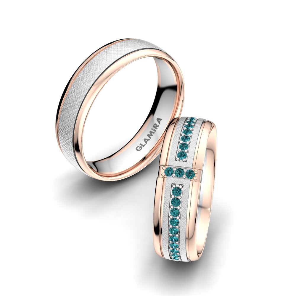 9k Oro Blanco & Rosa Diamante Azul Anillo de boda Bright Core 6 mm