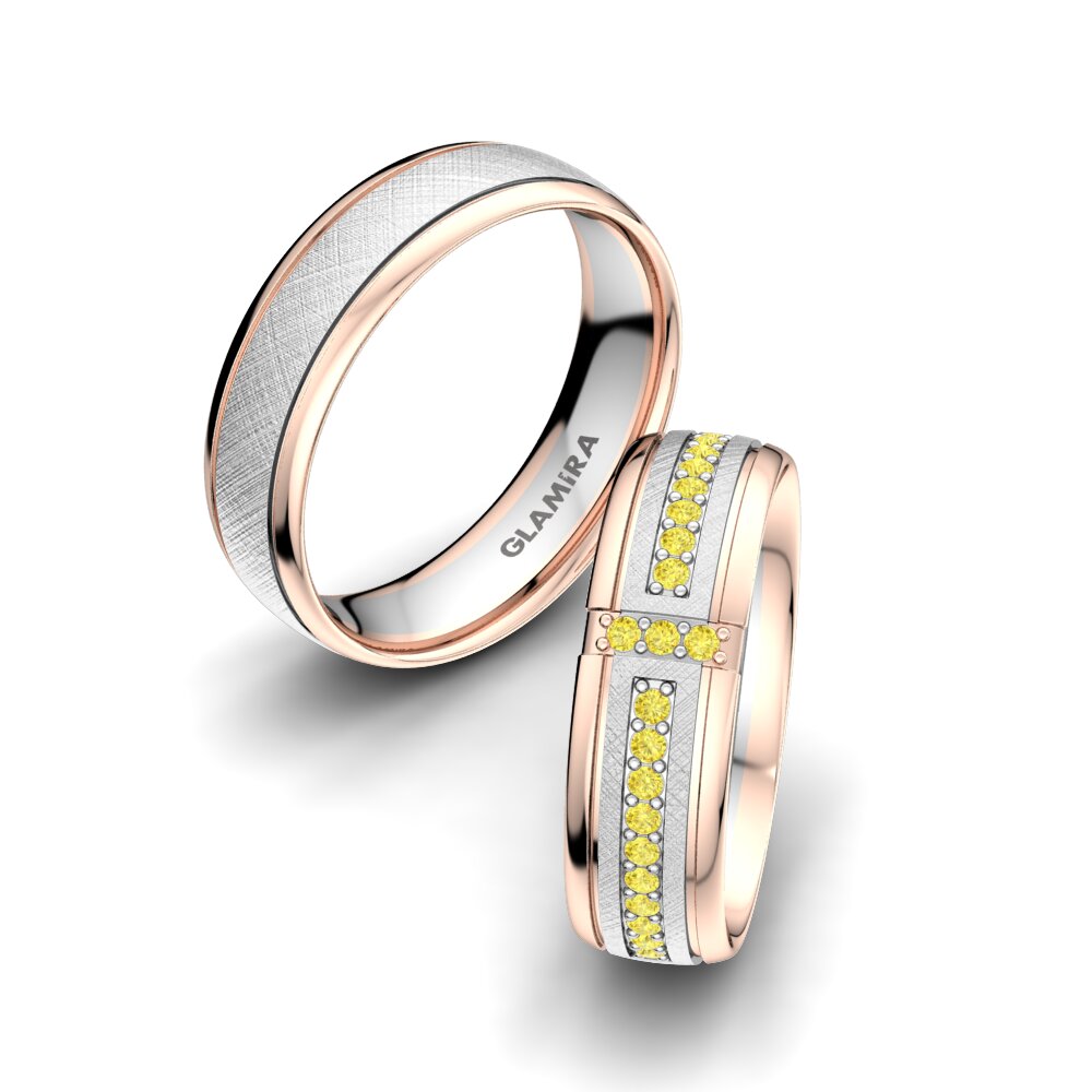 9k Oro Blanco & Rosa Zafiro amarillo Anillo de boda Bright Core 6 mm