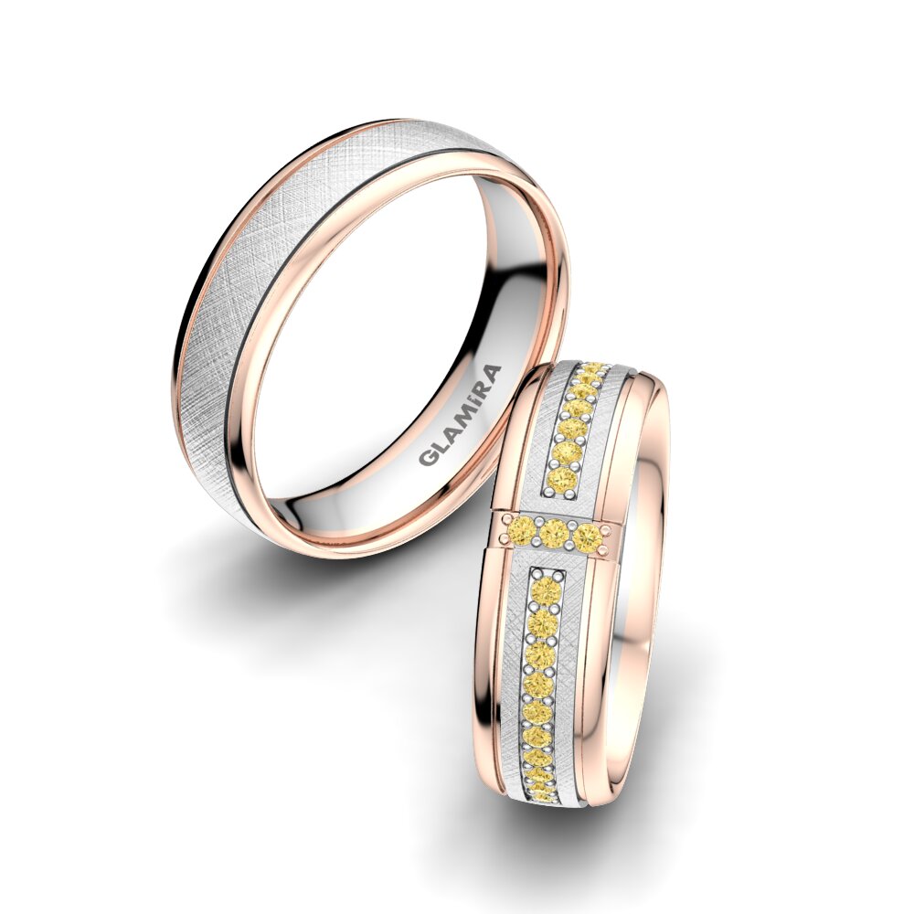 9k Oro Blanco & Rosa Diamante Amarillo Anillo de boda Bright Core 6 mm