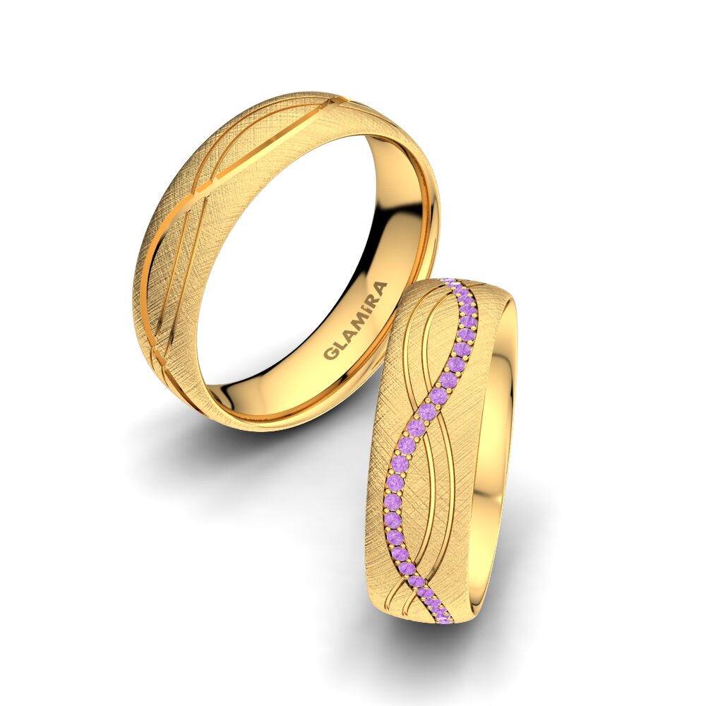 14ct Yellow Gold Amethyst Wedding Ring Bright Sign 6 mm
