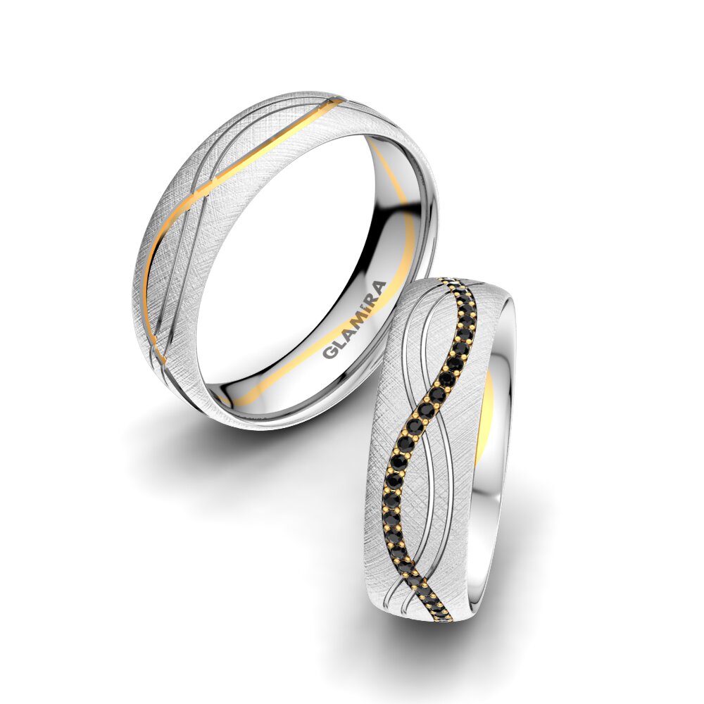 14ct White / Yellow Gold Black Diamond Wedding Ring Bright Sign 6 mm