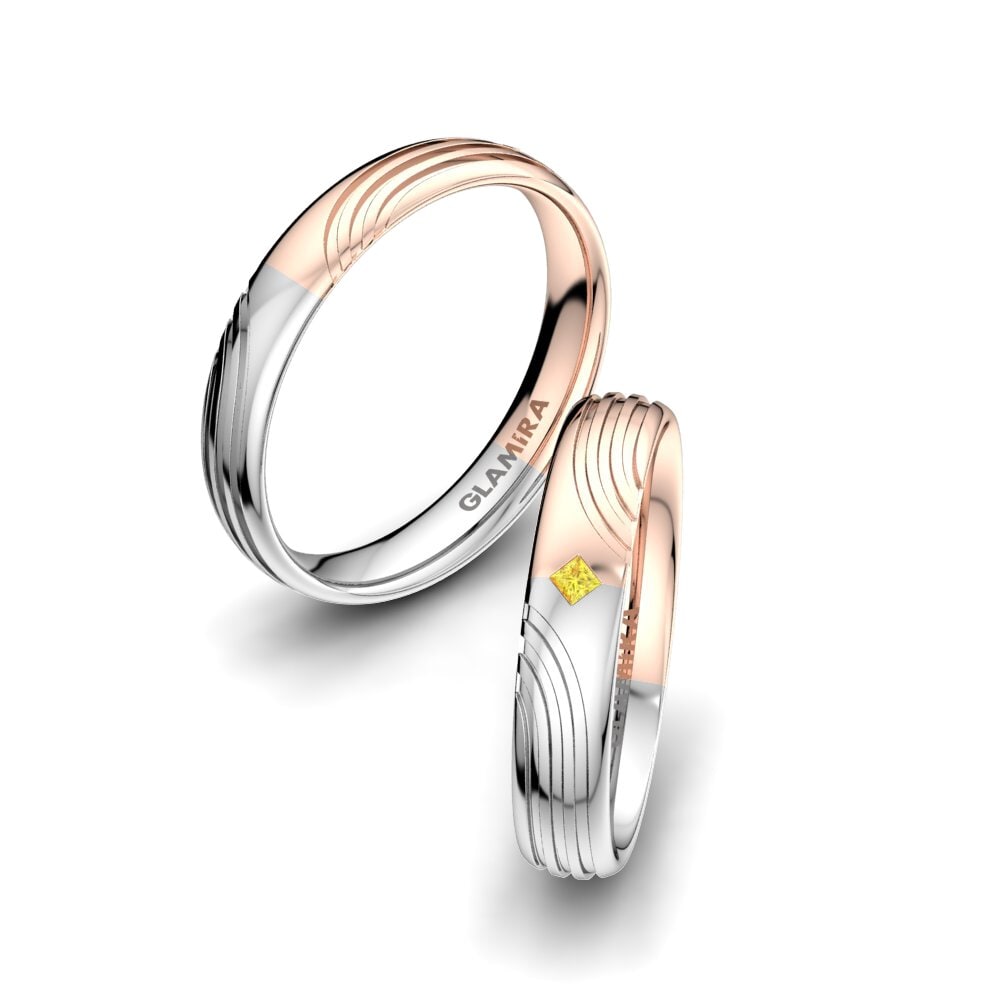 9k Oro Blanco & Rosa Zafiro amarillo Anillo de boda Alluring Twist 4 mm