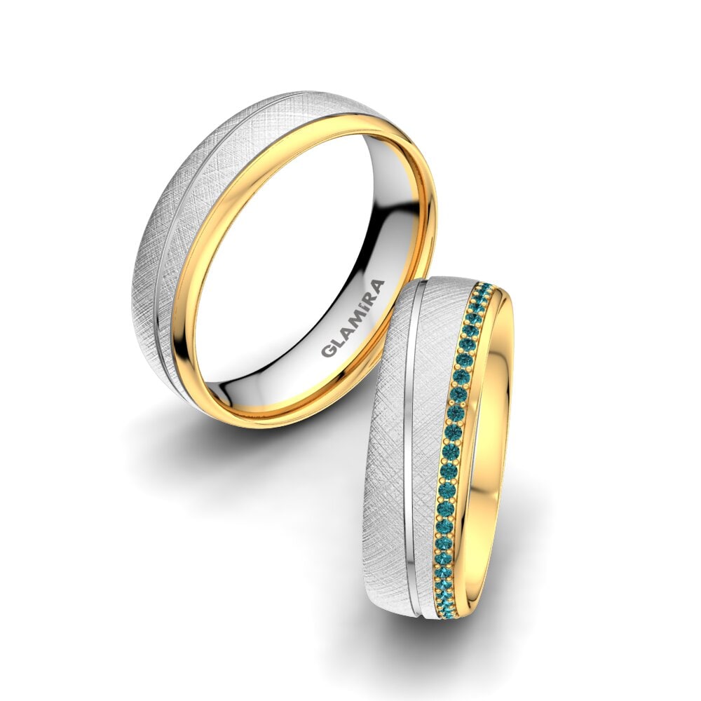 14k Oro Blanco & Amarillo Diamante Azul Anillo de boda Glamour Wish 6 mm