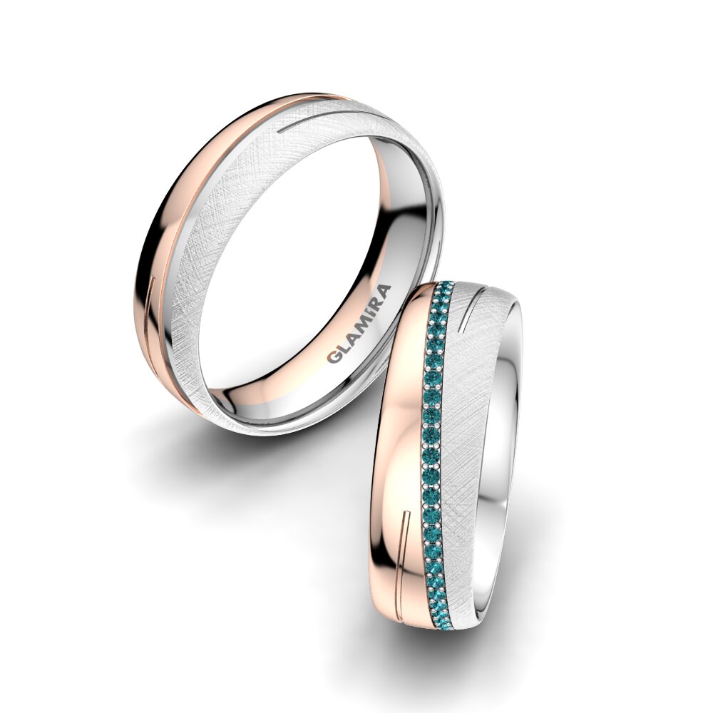 9k Oro Blanco & Rosa Diamante Azul Anillo de boda Glamour Star 6 mm