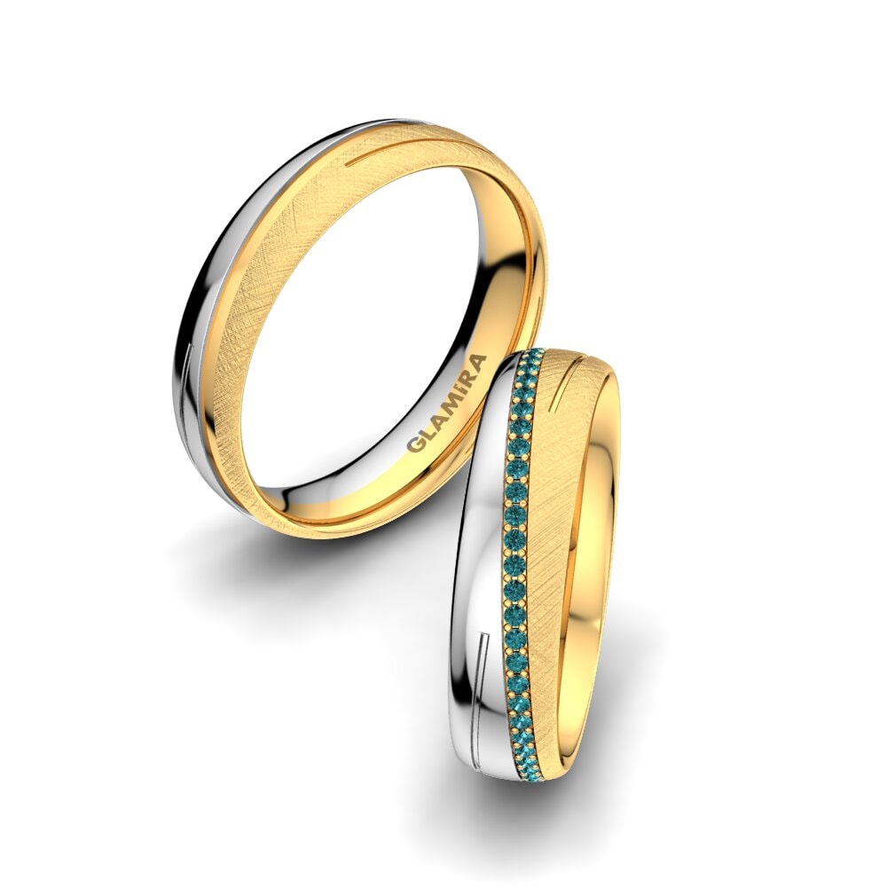 Amarelo & Branco-9K Diamante Azul Anel de Casamento Glamour Star 5 mm