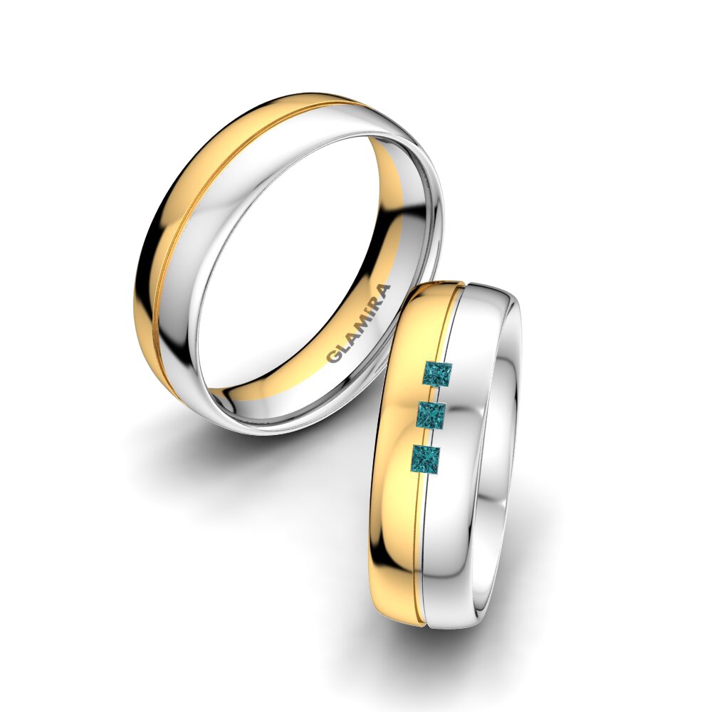 14k Oro Blanco & Amarillo Diamante Azul Anillo de boda Great Blow 6 mm