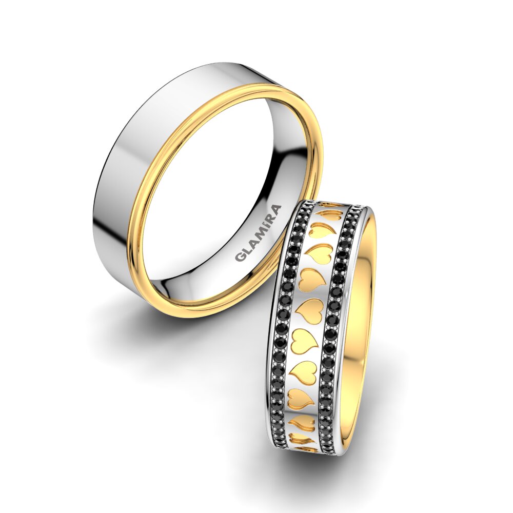 14ct White / Yellow Gold Black Diamond Wedding Ring Precious Love 6 mm