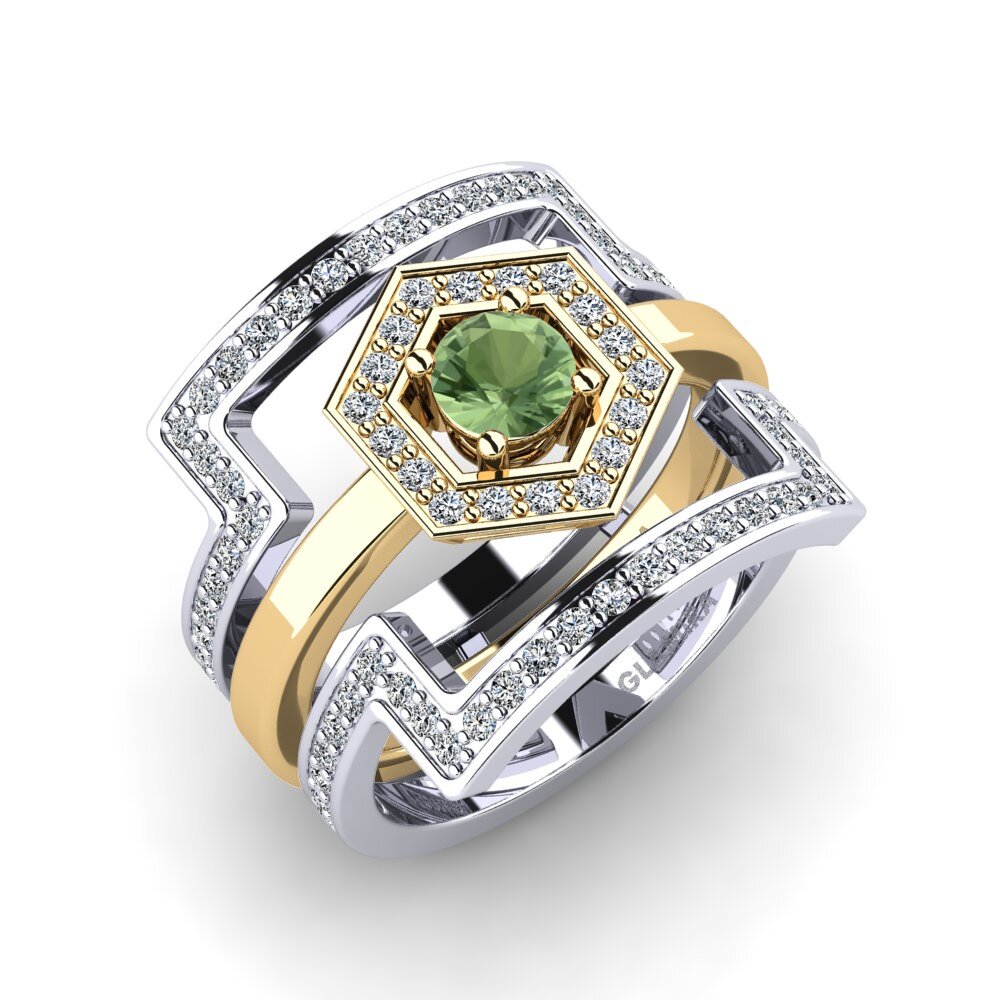 14ct White / Yellow Gold Green Sapphire Ring Gyfigen SET