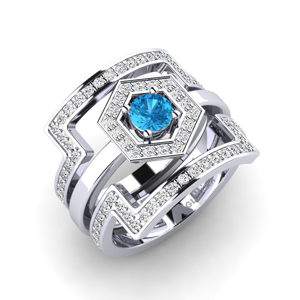 950 Platinum Blue Topaz Ring Gyfigen SET