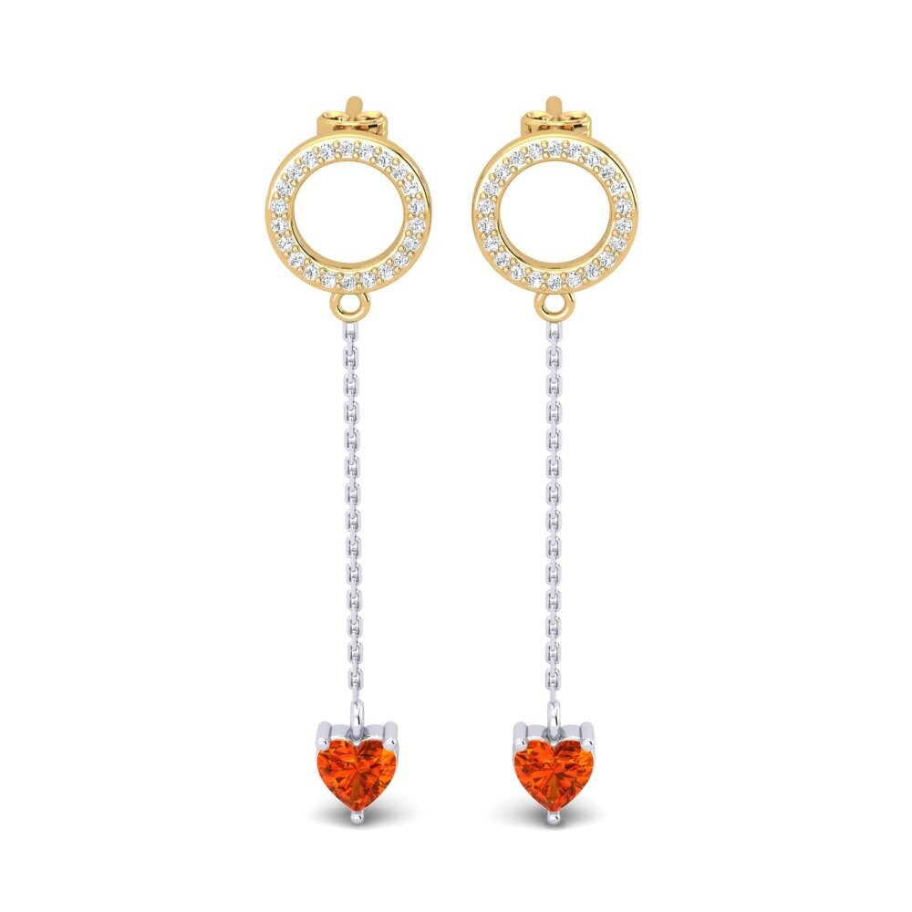 Ear Thread Orange Sapphire 14K Yellow & White Gold Diamond Earrings