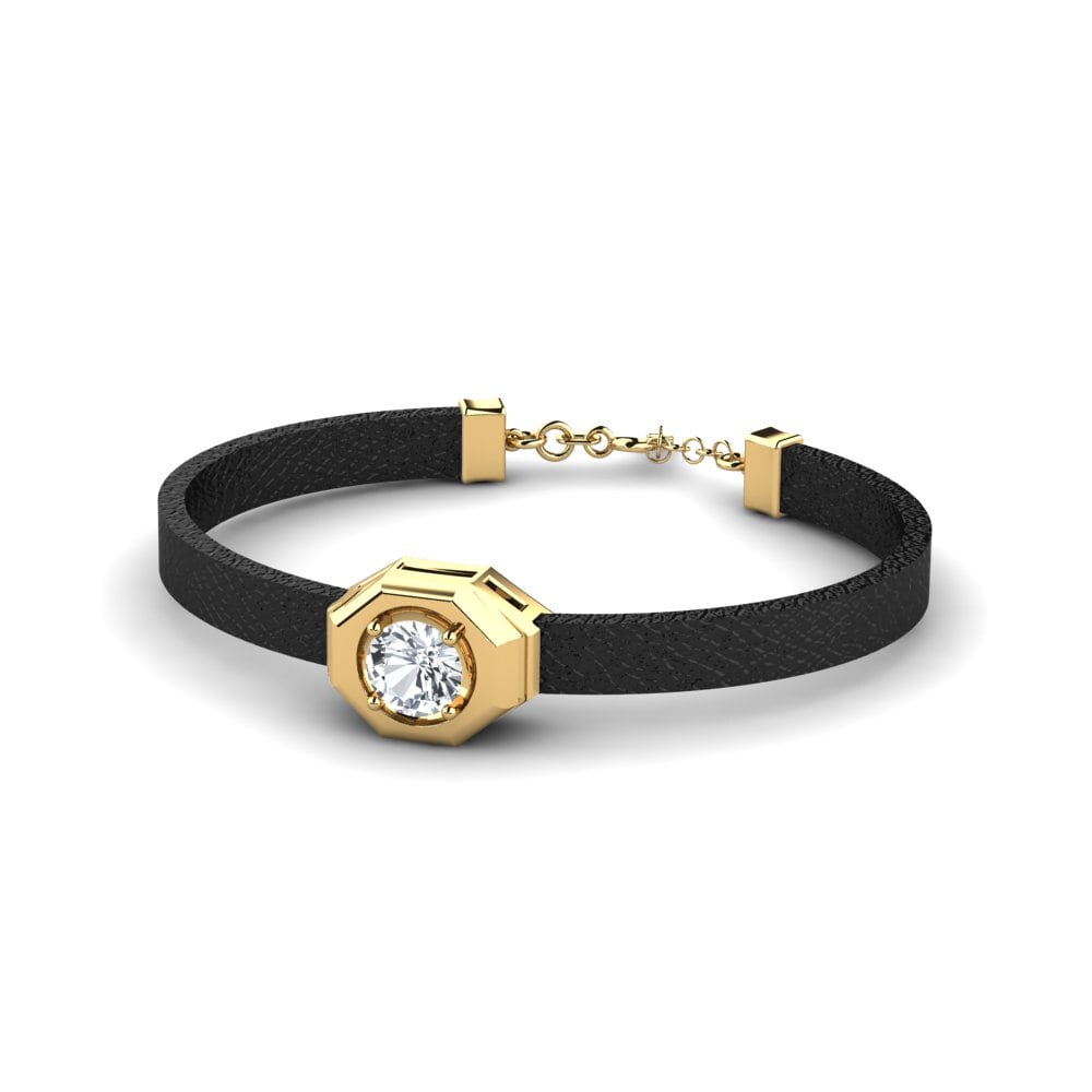 Leather White Zircon 14ct Yellow Gold Bracelets