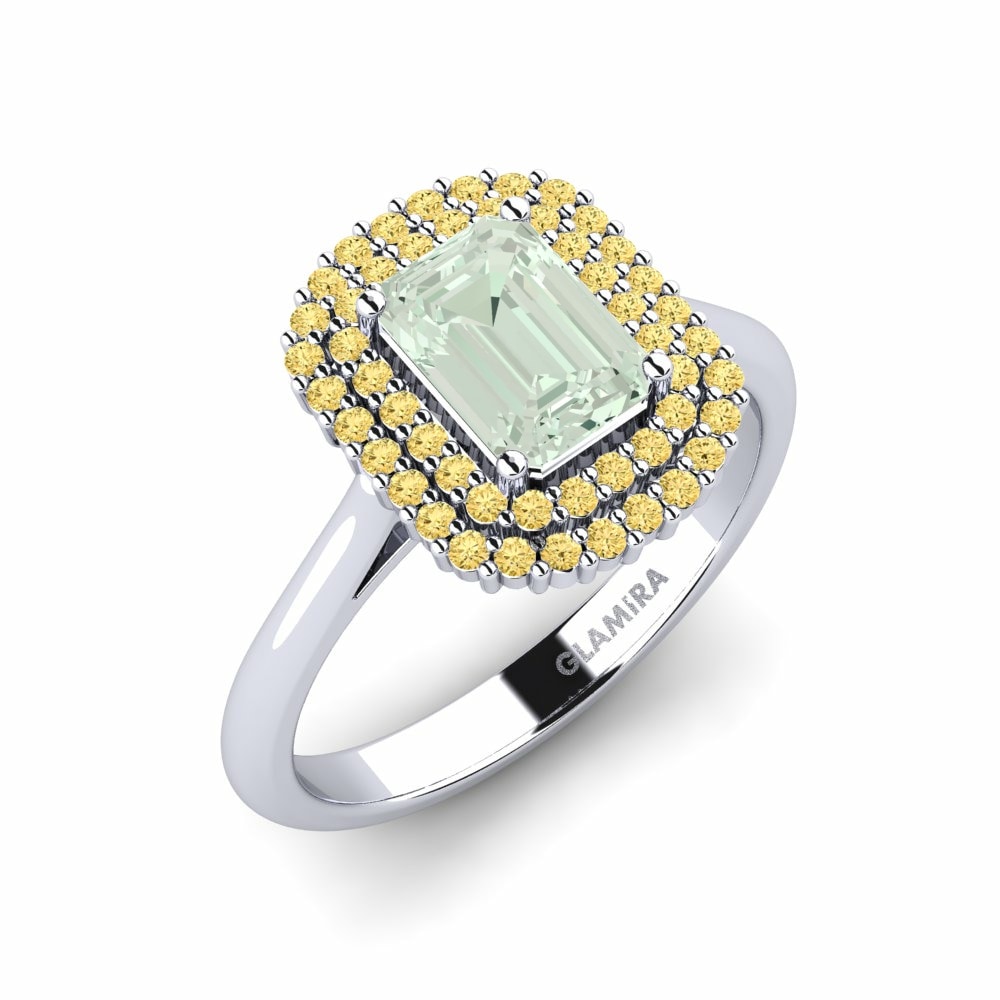 Emerald Cut 1.02 Carat Exclusive Green Amethyst 14k White Gold Engagement Ring Hobnailed