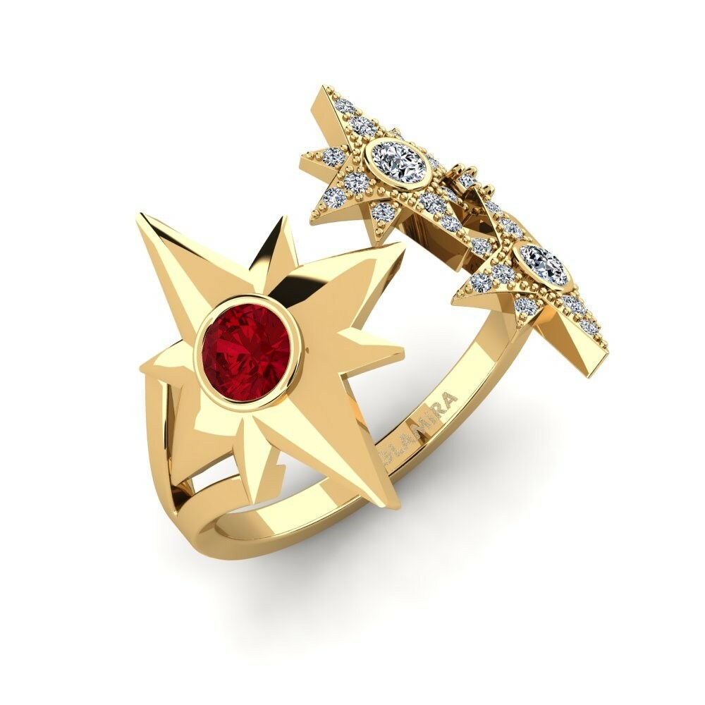 Anillo Homam 14k Oro Amarillo Swarovski Rojo Estrella 0.25 Quilates Redondo