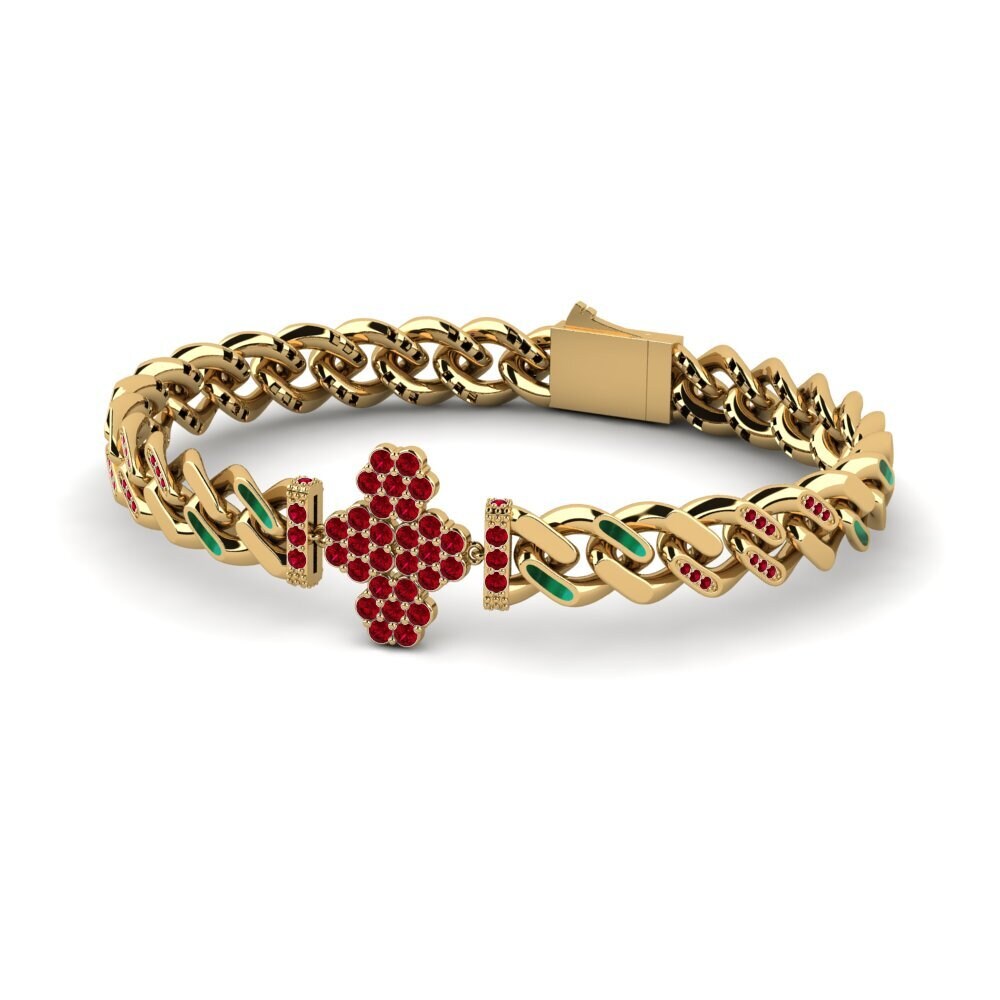 14k Oro Amarillo Circonita Roja Pulsera de Mujer Huncill