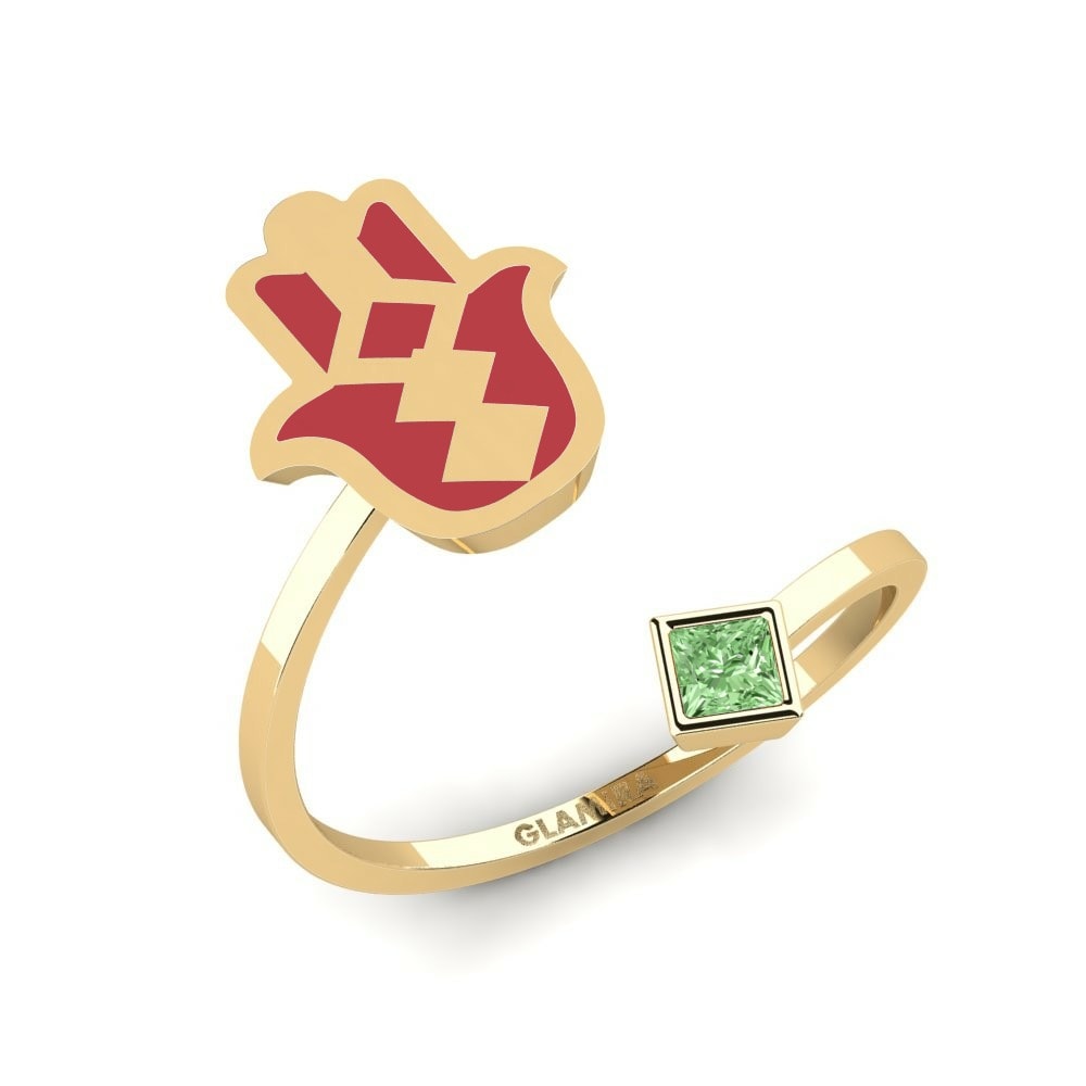 Hamsa Anillos Khusela Oro Amarillo 585 Diamante Verde