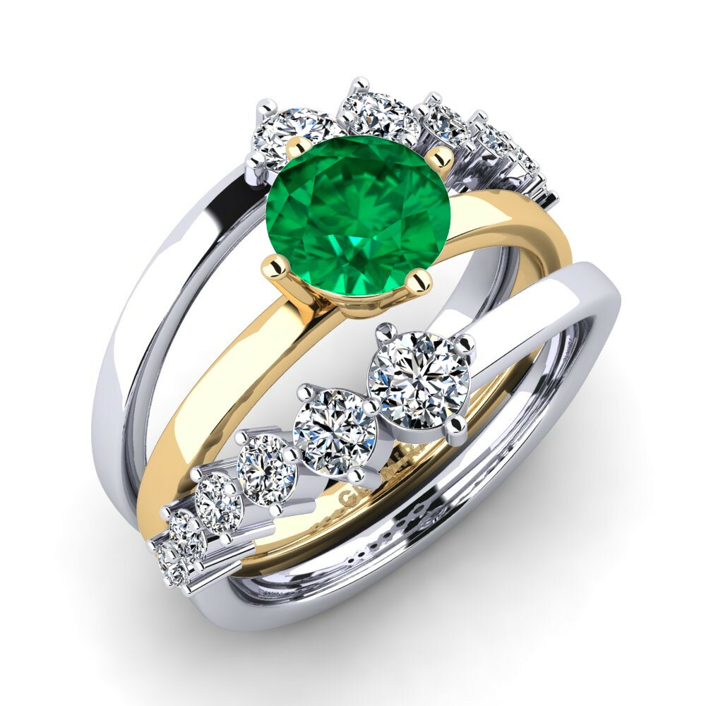 Or Blanc & Jaune 18k Émeraude (créée en laboratoire) Bague Kylo SET