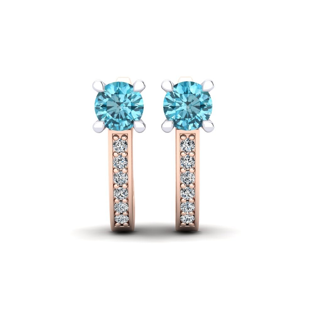 Pendientes 14k Oro Rosa & Blanco Circón Azul Huggies y aros