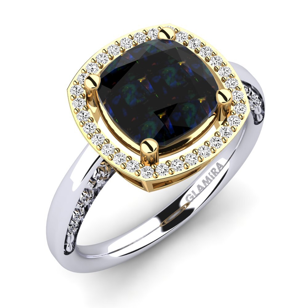 14k Oro Blanco & Amarillo Opalo Negro Anillo de compromiso Marciane