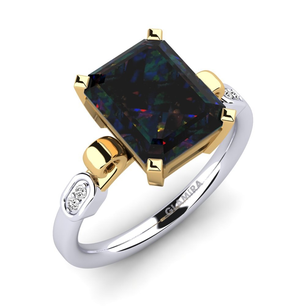 14k Oro Blanco & Amarillo Opalo Negro Anillo de compromiso Mathina