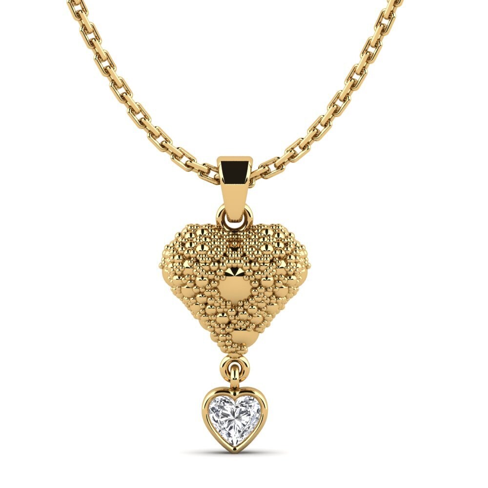 Pendentif Cœur En Or Jaune 14K/585 Avec Zirconium Blanc - Poids 2.60g, Parfait Pour Collier Cadeau