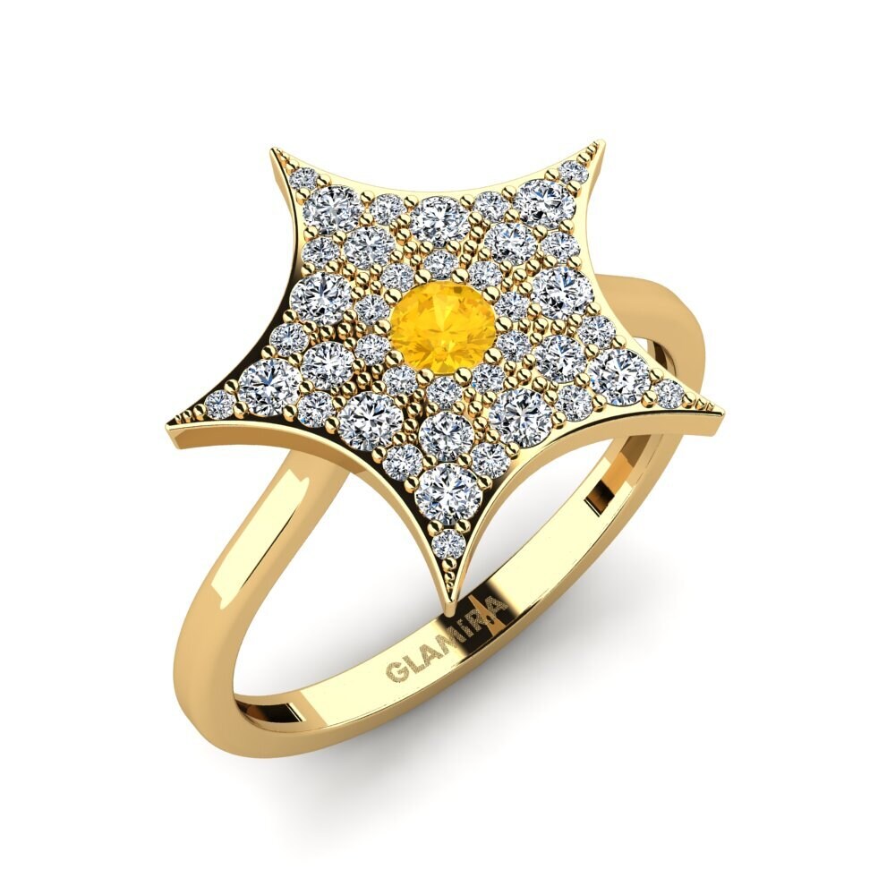 Bague En Alliage Doré Avec Cristal Citrine Et Diamants - Taille 54, Occasion Comme Neuve, Signée H