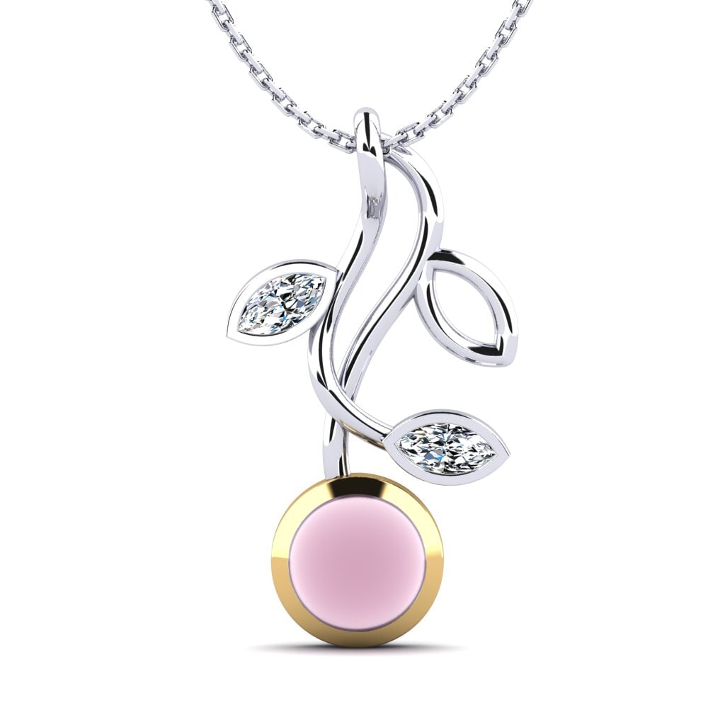 14k Oro Blanco & Amarillo Cuarzo Rosa Cabujón Colgante de Mujer Mya