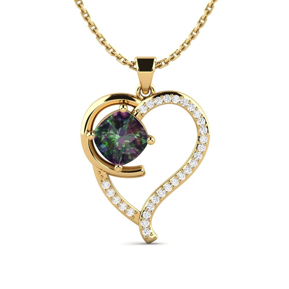 Pendentif Or Jaune 9 Carats Avec Topaze Mystique Et Diamant – Collier Femme – Neuf Avec étiquettes