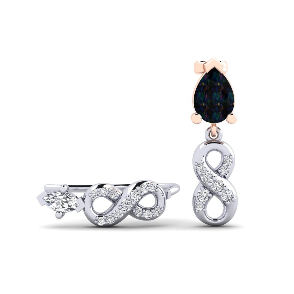 18ct White & Rose Gold Black Opal Women's Earring Nestlove Set
