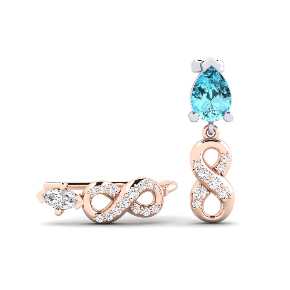Pendientes 14k Oro Rosa & Blanco Circón Azul Trepadores