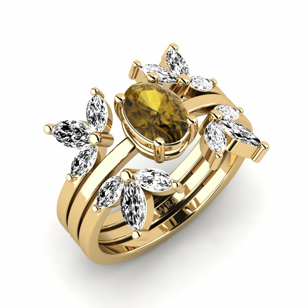 Or Jaune 18k Zircon Brun Bague Nigemen - SET
