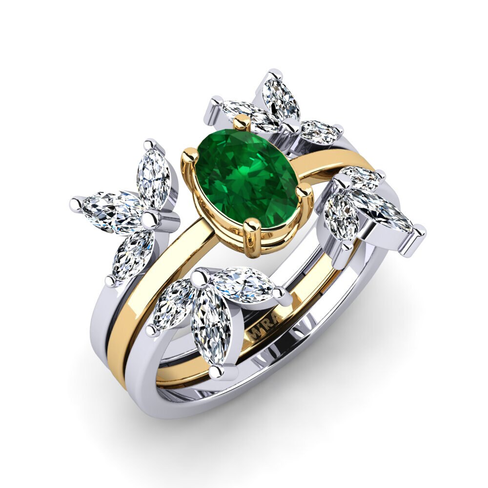 Or Blanc & Jaune 18k Émeraude (créée en laboratoire) Bague Nigemen - SET