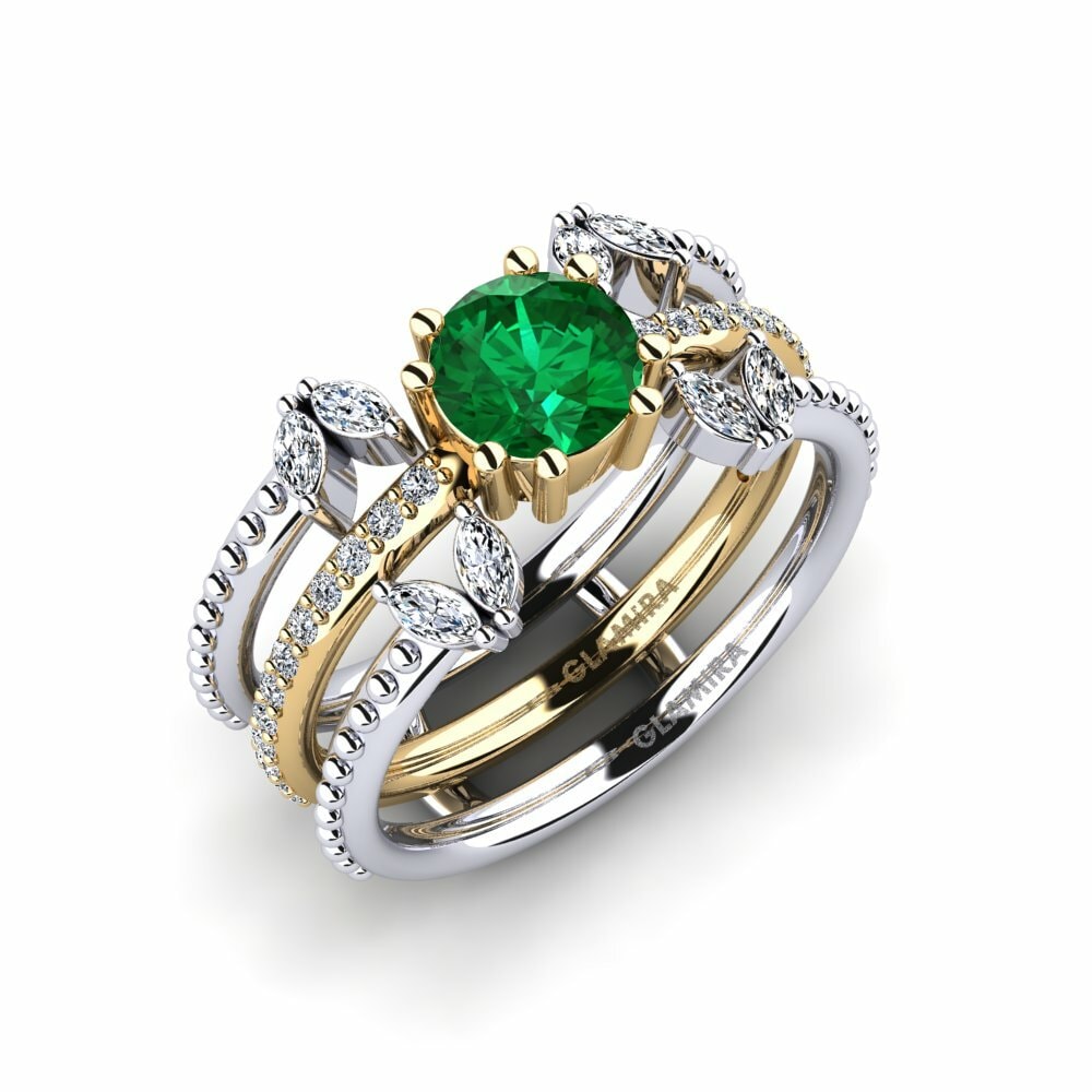 Or Blanc & Jaune 18k Émeraude (créée en laboratoire) Bague Odyng - SET