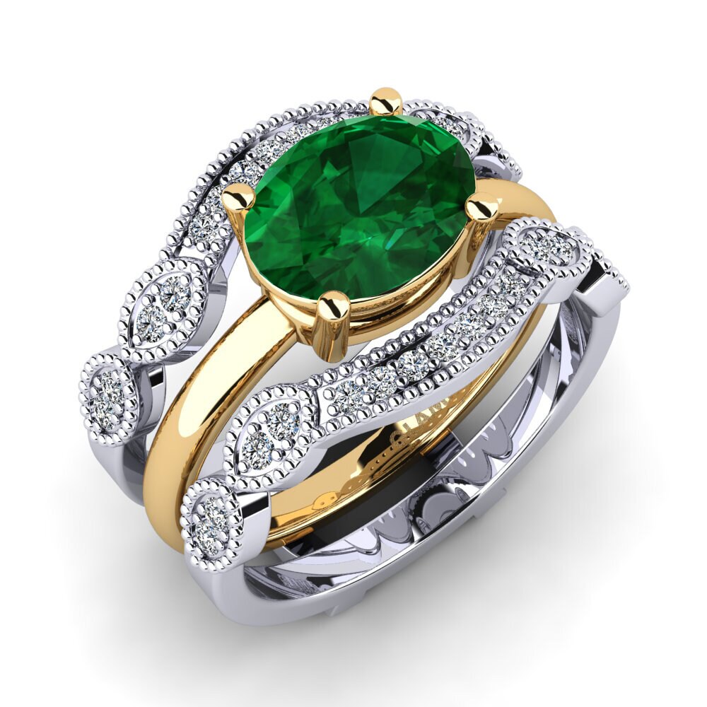 Or Blanc & Jaune 18k Émeraude (créée en laboratoire) Bague Pasti SET