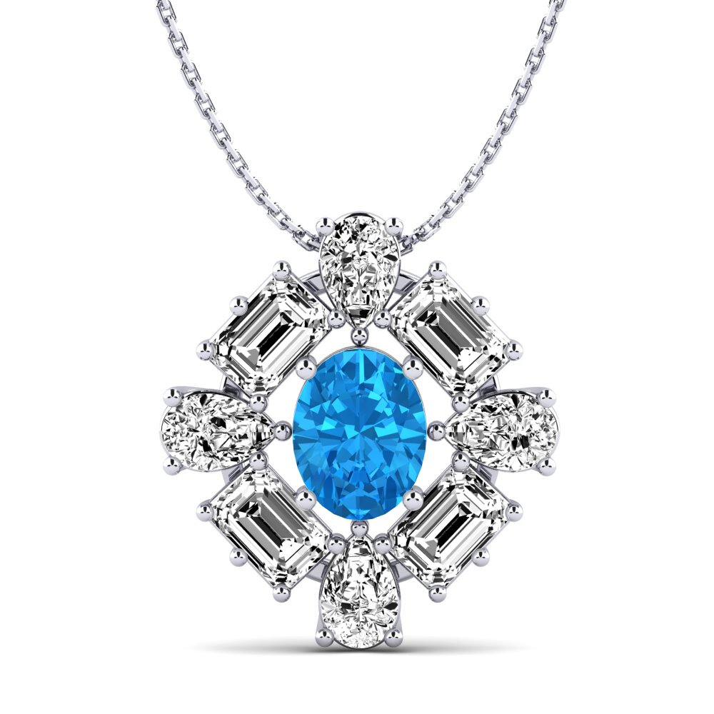18K White Gold Blue Topaz Pendant Peonia