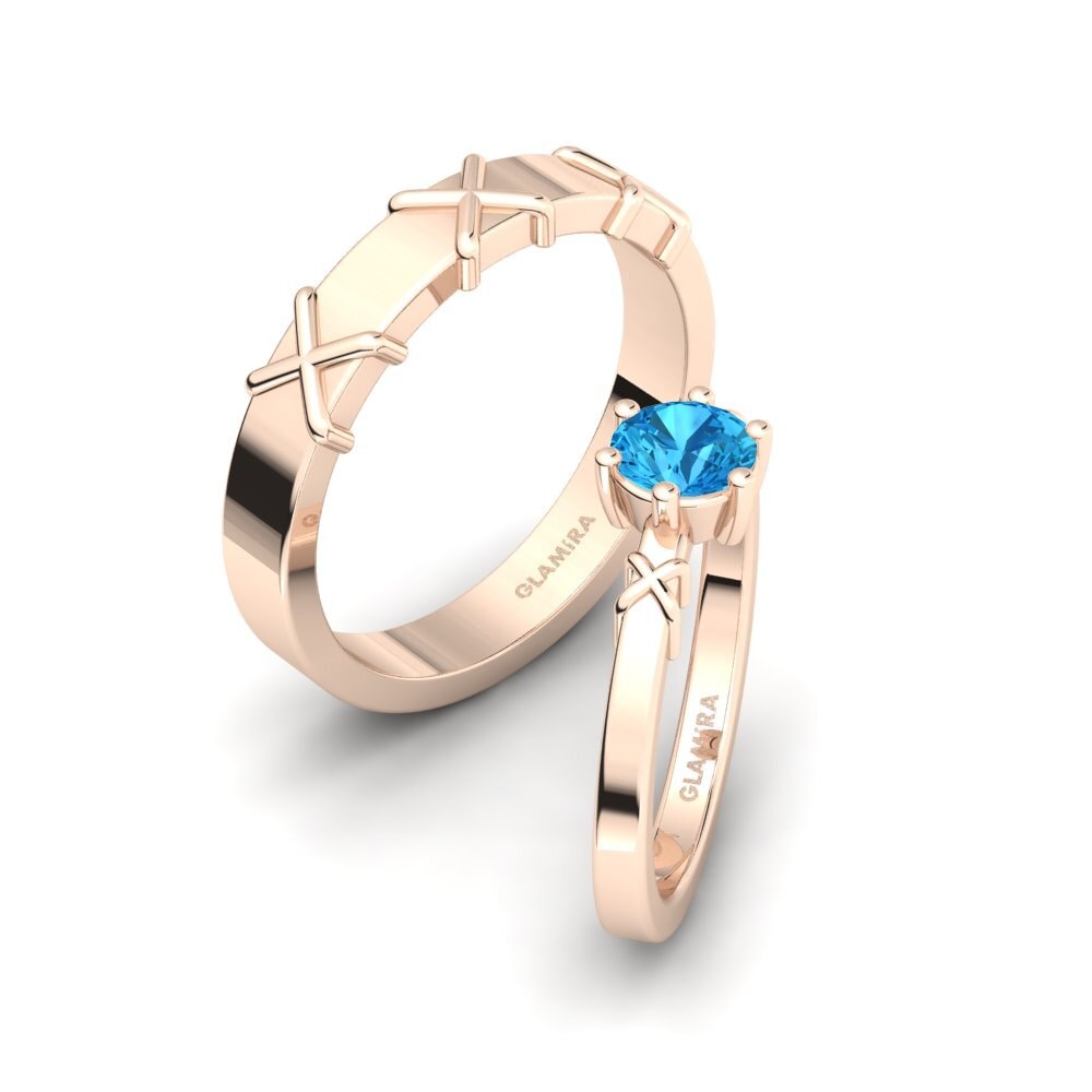 Różowe Złoto 585 Niebieski Topaz Pierścionek Pleasant Beauty SET