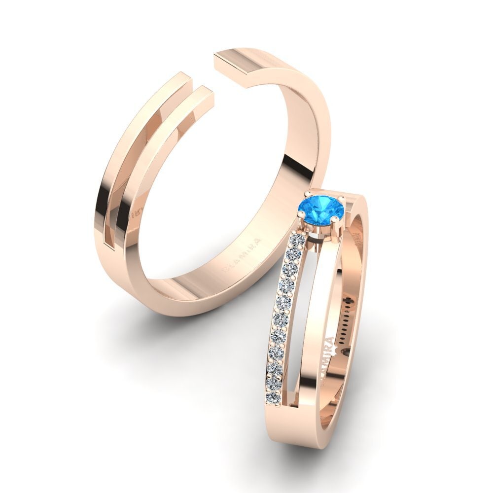 Różowe Złoto 585 Niebieski Topaz Pierścionek Pleasant Blaze SET