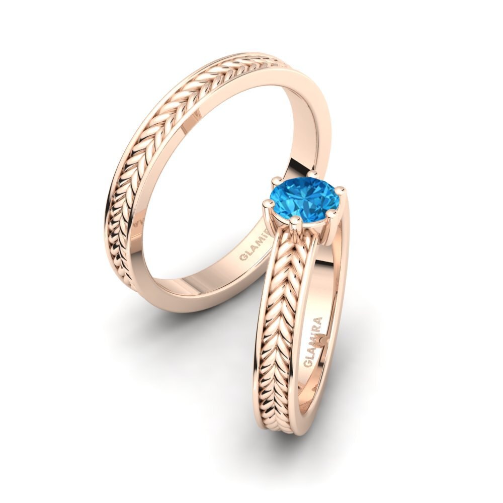 Różowe Złoto 585 Niebieski Topaz Pierścionek Pleasant Flower SET