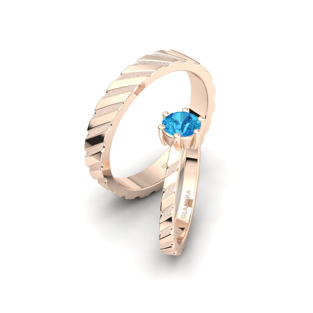 Różowe Złoto 585 Niebieski Topaz Pierścionek Pleasant Line SET