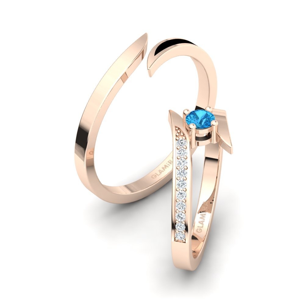Różowe Złoto 585 Niebieski Topaz Pierścionek Pleasant Luck SET
