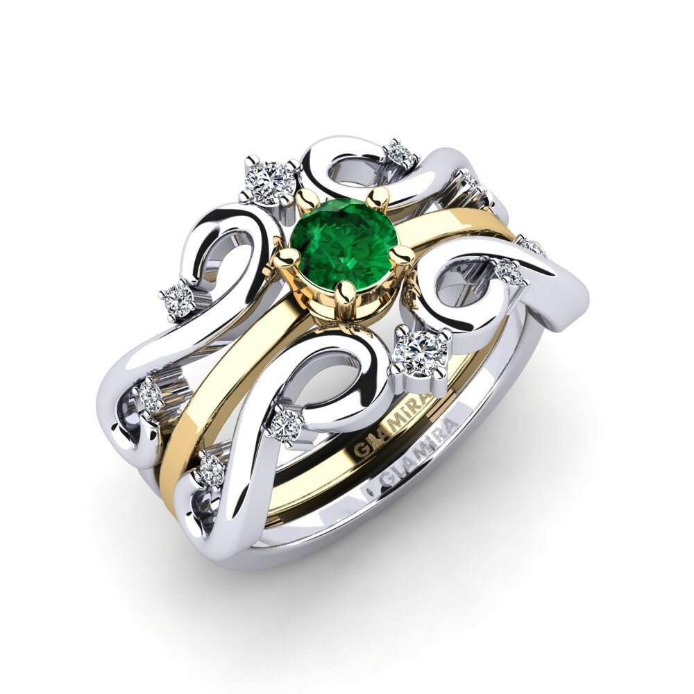 Or Blanc & Jaune 18k Émeraude (créée en laboratoire) Bague Plenn - SET