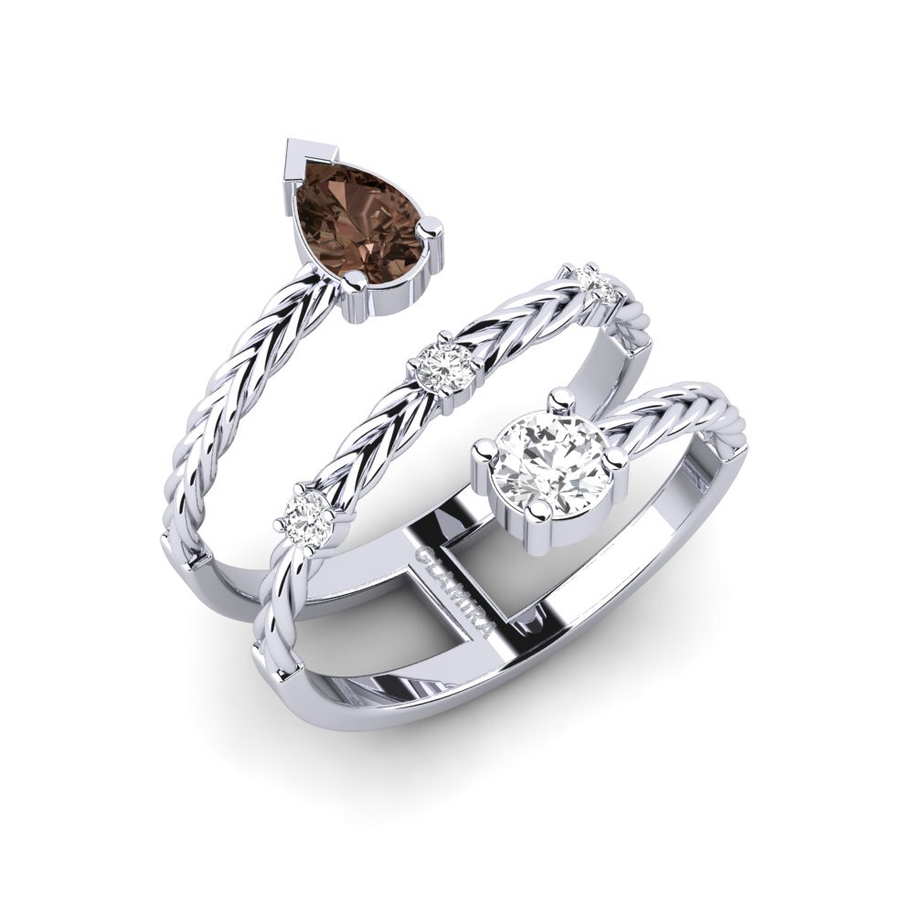White Silver Smoky Quartz Engagement Ring Plumatte