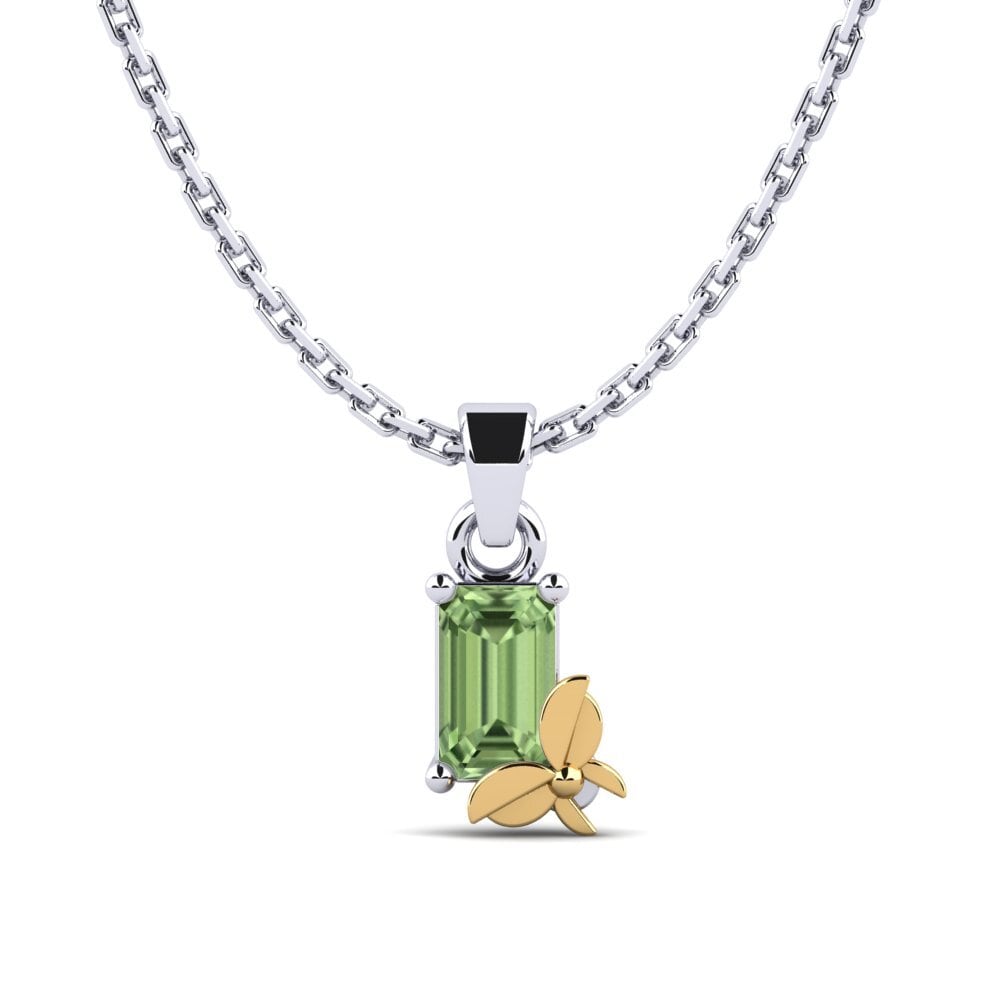 14k Oro Blanco & Amarillo Zafiro Verde Colgante de Mujer Presa