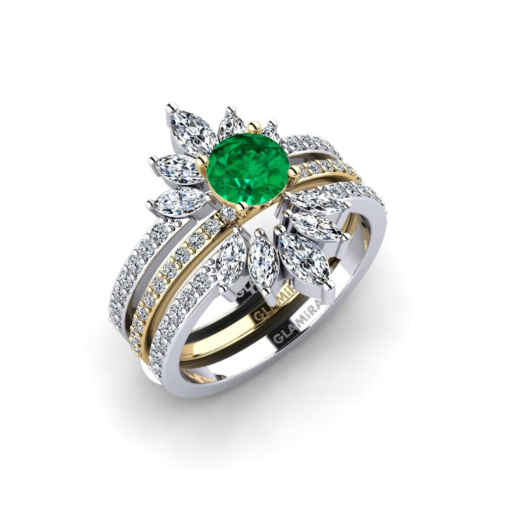Or Blanc & Jaune 18k Émeraude (créée en laboratoire) Bague Reddos - SET