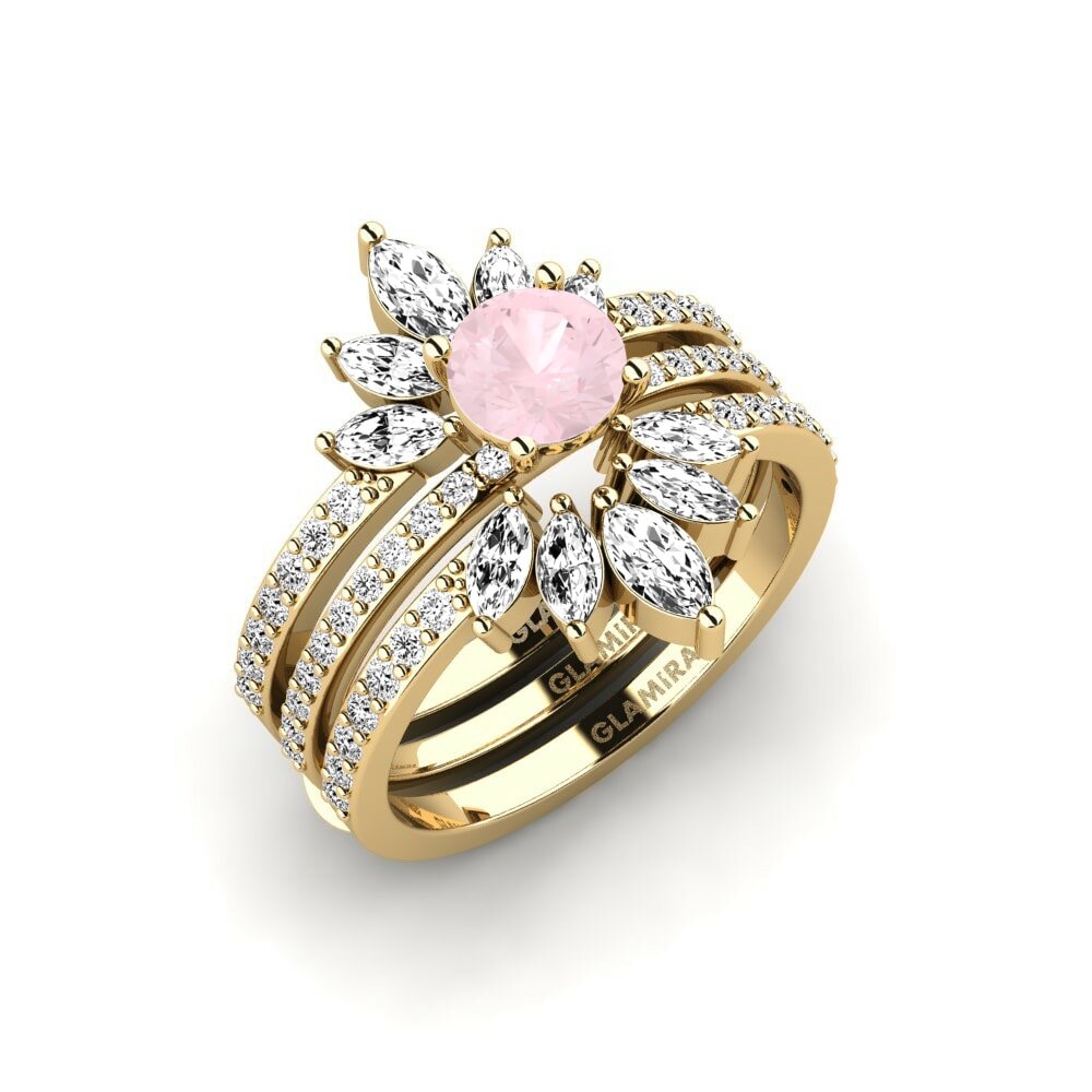 Or Jaune 18k Quartz Rose Bague Reddos - SET